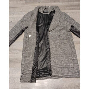 GUESS Women's Plaid Wool Coat with Pearl Trim and Faux Leather Details Large